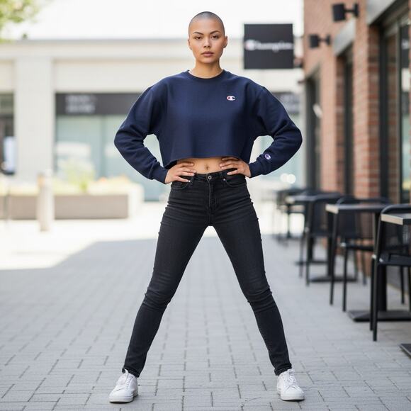 CHAMPION Reverse Weave Cropped Long Sleeve Sweatshirt Navy Blue Size S - Picture 1 of 7